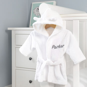 Personalised White Baby Dressing Gown With Ears On Hood, 3 of 6