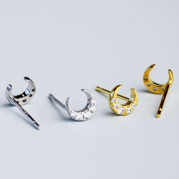 Sterling Silver Crystal Crescent Moon Stud Earrings, 4 of 6
