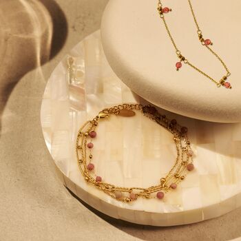 Triple Chain Natural Stone Bracelet In Pink And Gold, 2 of 3