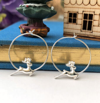 Sterling Silver Reindeer Christmas Hoop Earrings, 4 of 11
