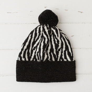 Lambswool Knitted Zebra Pom Pom Hat, 7 of 12