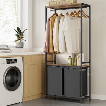 Two Section Laundry Basket With Shelves Clothes Rail, 2 of 9