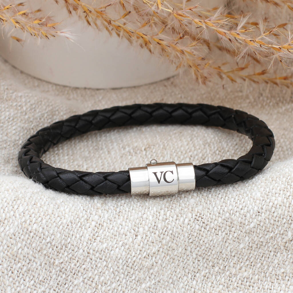 Men's Plaited Leather Personalised Clasp Bracelet, 1 of 10