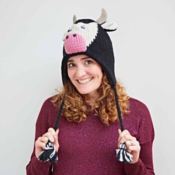 Cow Hand Knitted Woollen Animal Hat, 2 of 5