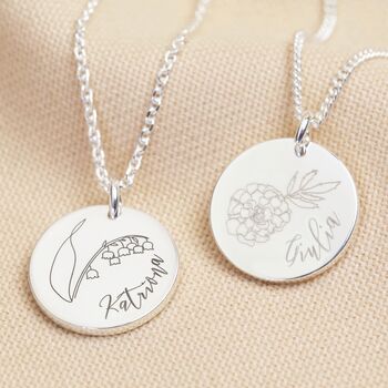 Personalised Sterling Silver Birth Flower Disc Necklace, 3 of 11