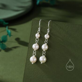 Sterling Silver Natural Pearl Trio Drop Hook Earrings, 3 of 11