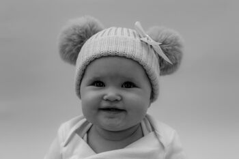 Biscuit Double Pom Pom Baby Hat With Velvet Bow, 2 of 3