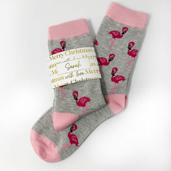 Personalised Christmas Flamingo Bamboo Socks With Gold Foil Label, 6 of 12