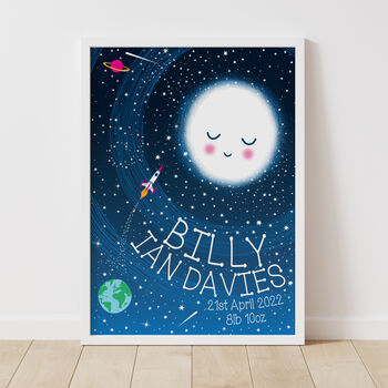 Personalised New Baby Moon And Stars Space Print, 2 of 6