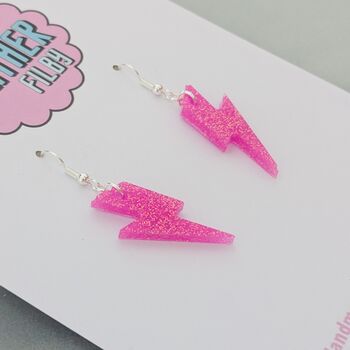 Neon Pink Glitter Lightning Bolt Earrings Small And Large, 6 of 10