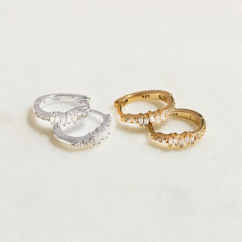 Sterling Silver Baguette Diamante Hoop Earrings, 2 of 11