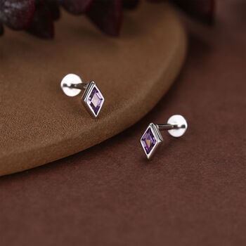 Sterling Silver Amethyst Purple Cz Rhombus 16 G Flat Back Labret Earrings, 6 of 11