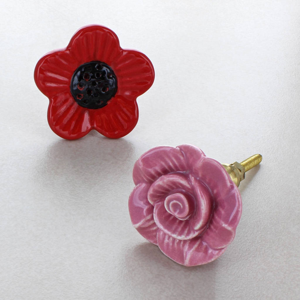 Rose Poppy Flowers Ceramic Door Knobs By G Decor