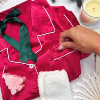 Luxury Christmas Pyjama Gift Set For Her – Deep Pink Satin Pjs, Candle, Socks And Hair Bow, 2 of 9