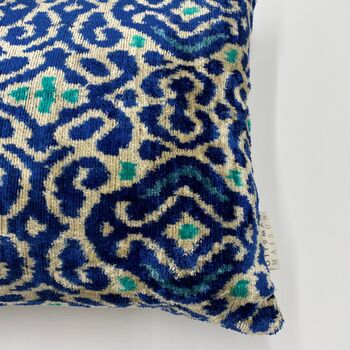 Oblong Ikat Velvet Cushion Blue Heritage, 4 of 7
