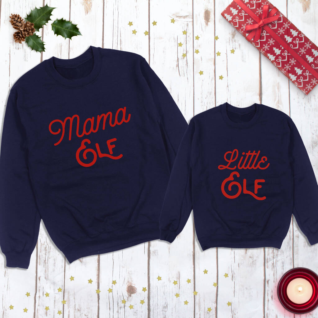 Mama Elf And Little Elf Matching Christmas Jumpers, 1 of 4