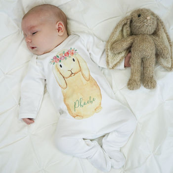 Personalised Flower Crown Bunny Baby Sleepsuit, 2 of 6