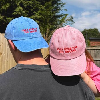 Personalised 'Only Here For…' Matching Adult And Child Cap Set, 3 of 3