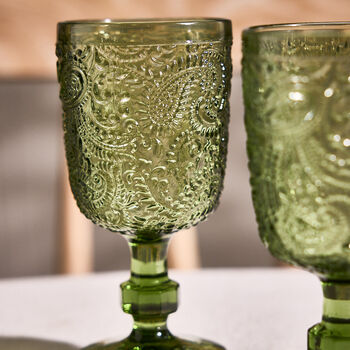 Set Of Four Lugo Paisley Embossed Green Wine Glass, 3 of 6