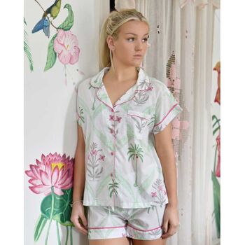 Ladies Floral Pink Palm Tree Print Cotton Short Pyjama Set, 3 of 5