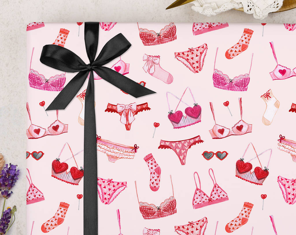Valentine Wrapping Paper With Bra Underwear Pattern, Three Sheet Pack, 1 of 3