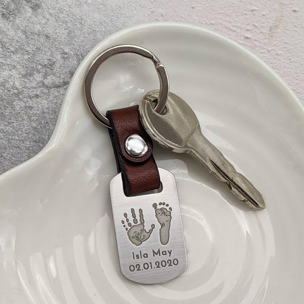 Image of Handprint And Footprint Steel And Leather Keyring