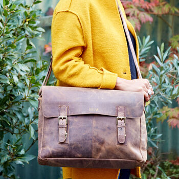 Personalised Brown Leather Satchel Style Messenger Bag, 5 of 11
