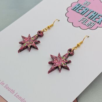 Red Sparkly Festive Star Glitter Christmas Earrings, 4 of 5