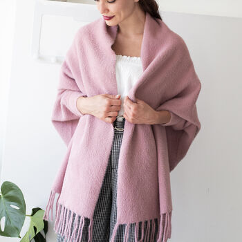 Feather Trim Sleeved Pile Weave Soft Blanket Poncho, 6 of 9