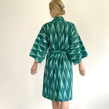 Cotton Wrap Kimono In Green Ikat Weave, 3 of 7