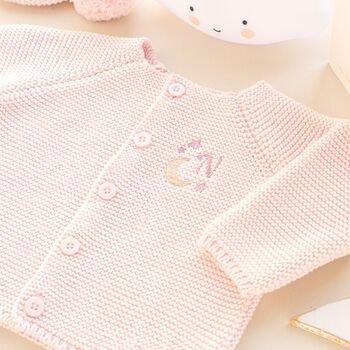Personalised Blue Baby Boy Cardigan With Moon And Stars Embroidered Initial, 6 of 12