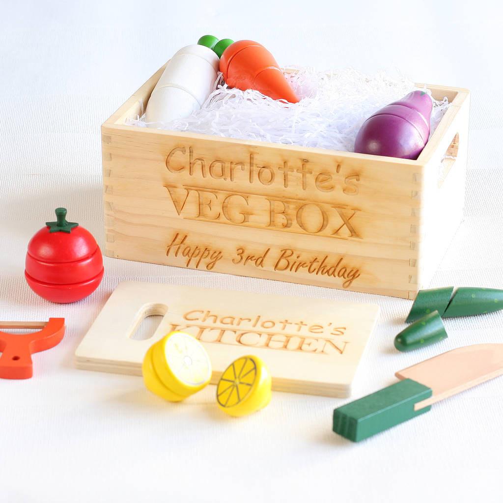 personalised wooden veg box play set by the laser engraving company