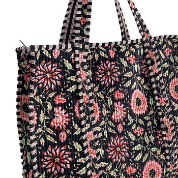Black And Pink Flower Cotton Quilted Shoulder Bag With Zip, 5 of 6