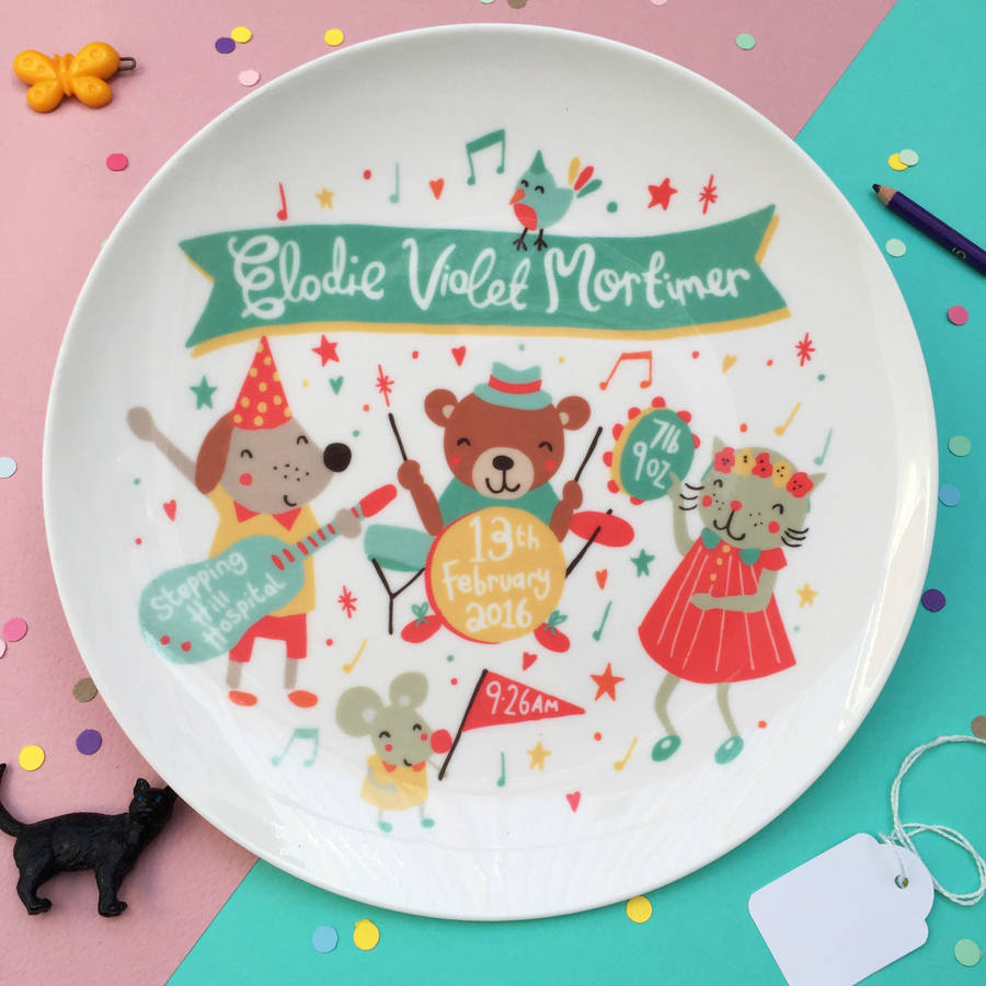 personalised musical baby birth plate by ethel and co