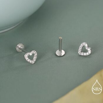 Tiny Open Heart Internally Threaded Flat Back Earrings In Sterling Silver, 6 of 11