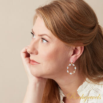 White Rainbow Moonstone Oval Gold Silver Stud Drop Earrings, 3 of 9