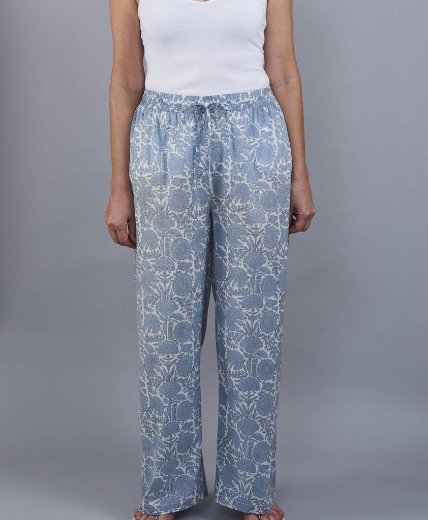 Amritsar Floral Block Print Pj Trousers In Chambray, 1 of 5