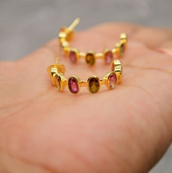 Pink Green Tourmaline Silver Hoop Earrings, 8 of 12