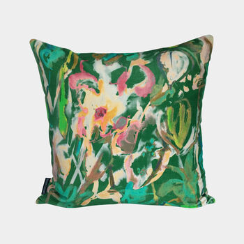 Abstract Floral Velvet Cushion, Green, 4 of 5
