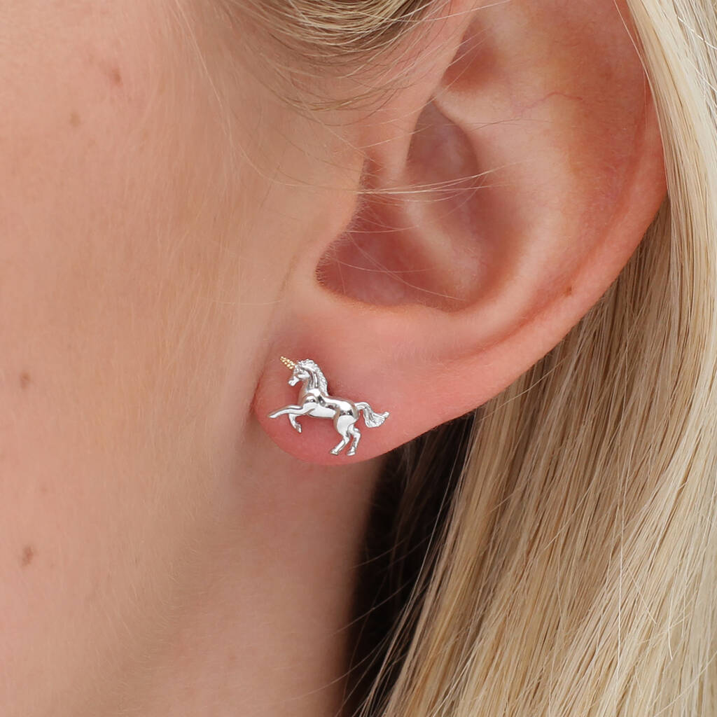 Sterling Silver And 18ct Gold Mini Unicorn Earrings, 1 of 7