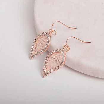 Rose Gold Plated Crystal Encrusted Small Leaf Earrings, 2 of 3