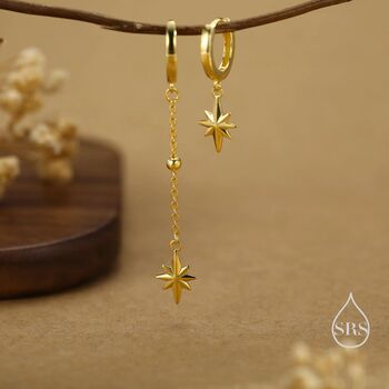 Sterling Silver Asymmetric Starburst Huggie Hoop Earrings, 3 of 12