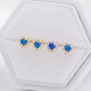 Tiny Blue Opal Heart Cz Stud Earrings Sterling Silver, 5 of 11