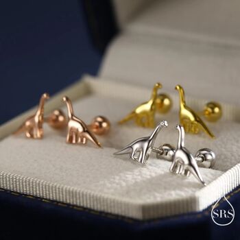Sterling Silver Dinosaur Internally Threaded Flat Back / Screw Back / Stud Earrings, 7 of 12