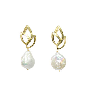 Ella Textured Gold Plated Silver Pearl Earrings, 2 of 2