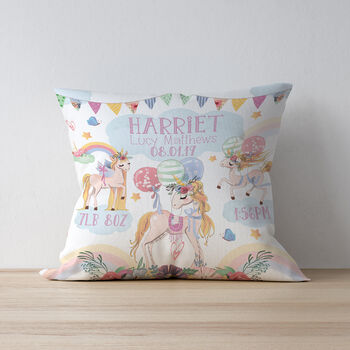 Personalised Unicorn Rainbows Keepsake Birth Cushion, 3 of 6