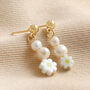 White Millefiori Flower Drop Earrings In Gold, thumbnail 3 of 4