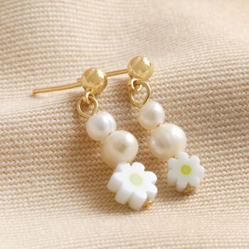 White Millefiori Flower Drop Earrings In Gold, 3 of 4