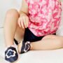 Dotty Fish Pink And Navy Flower Soft Leather Baby Shoes With Barefoot Soles, thumbnail 2 of 8