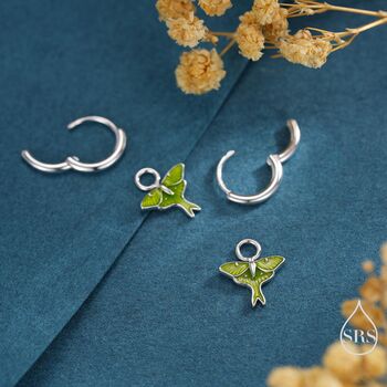 Sterling Silver Lunar Moth Enamel Huggie Hoop Earrings, 4 of 10